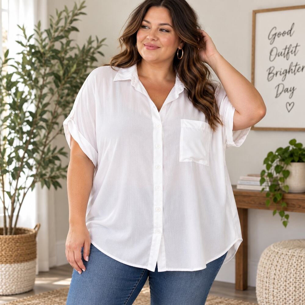 Jazzie London White Button Front Shirt Womens 3X Oversized Rayon Relaxed Fit